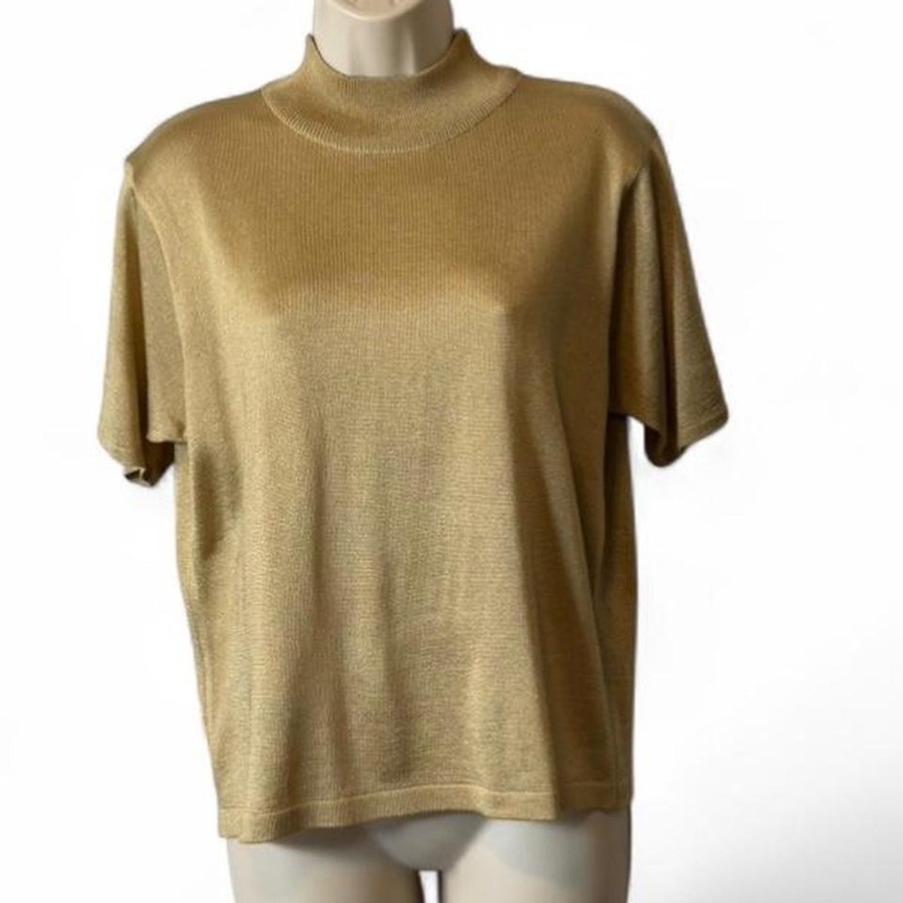 Vintage Liz Claiborne Collection Gold Metallic‎ Short Sleeve Mock Mock Sweater